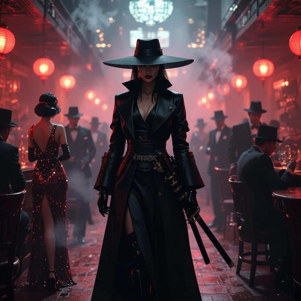 Samurai Assassin in 1920s Speakeasy, Cyberpunk Noir