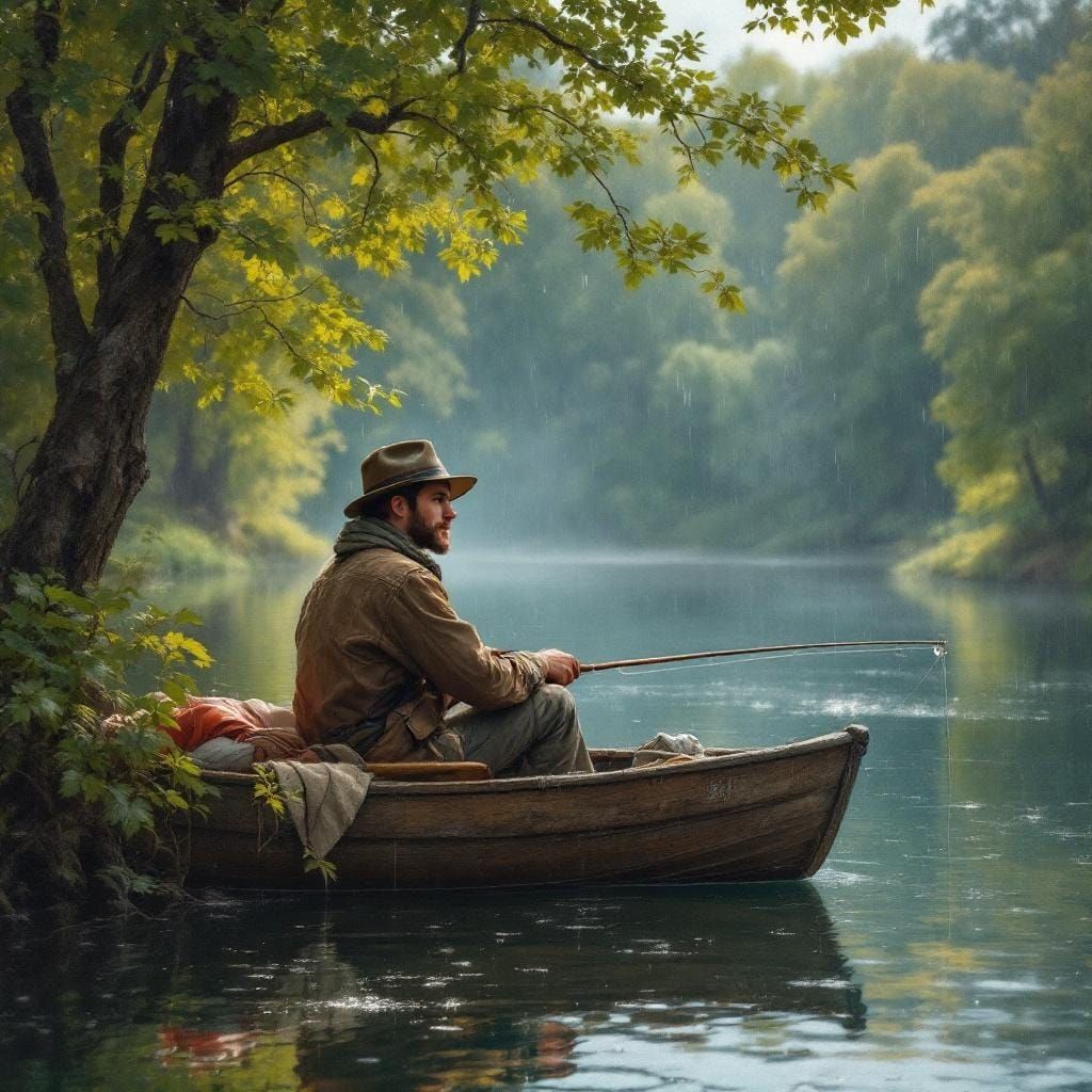 Peaceful Lake Fishing Scene in Classic Painting Style