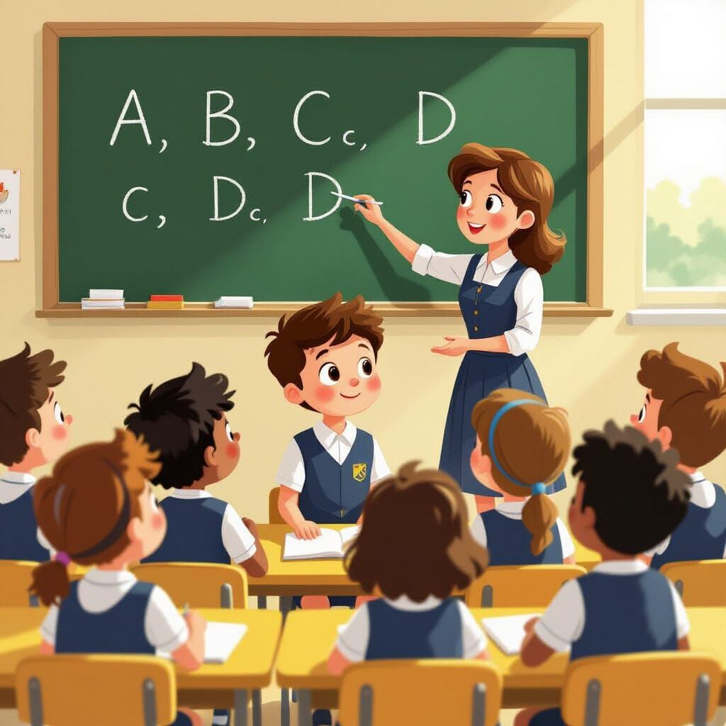 Young Boy in Classroom Learning ABCs Storybook Style