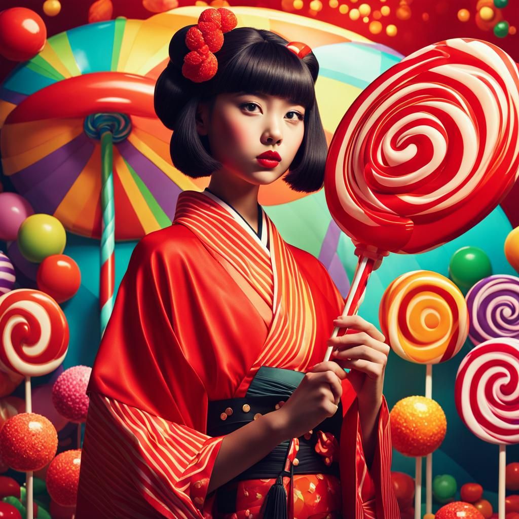 Girl in Kimono with Lollipop, Candy Art Style
