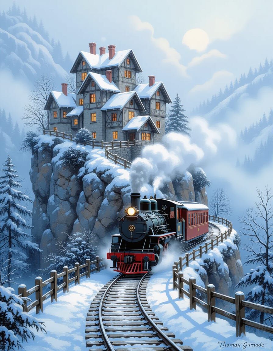 Cozy Steam Engine Ascends Snowy Mountain Past Ancient Hut