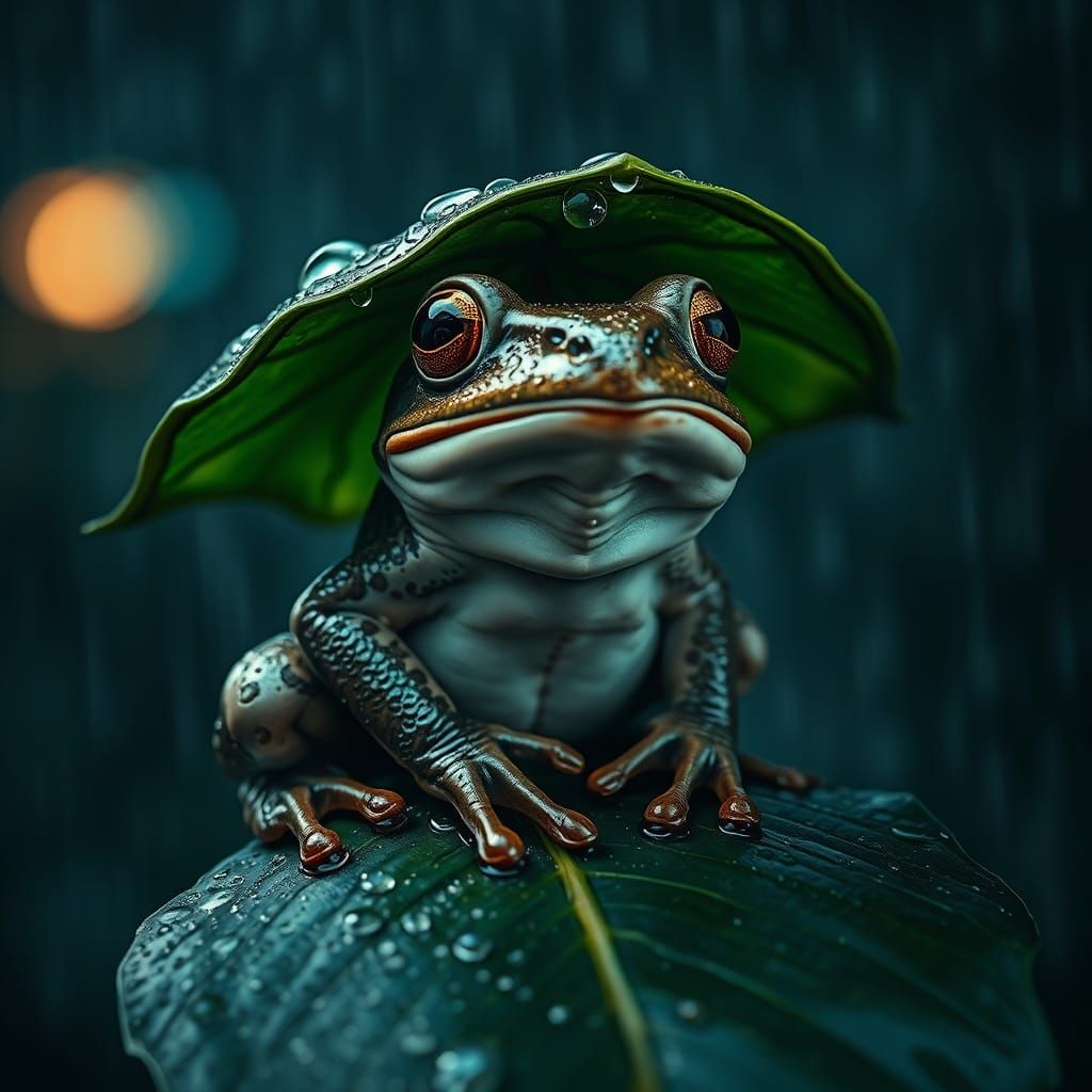 Hyperrealistic Frog Umbrella Portrait in Rain