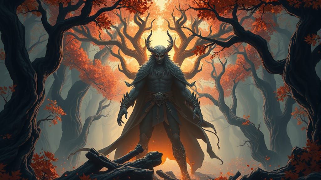 Surreal Fantasy God Rises from Autumnal Woods in Intricate A...