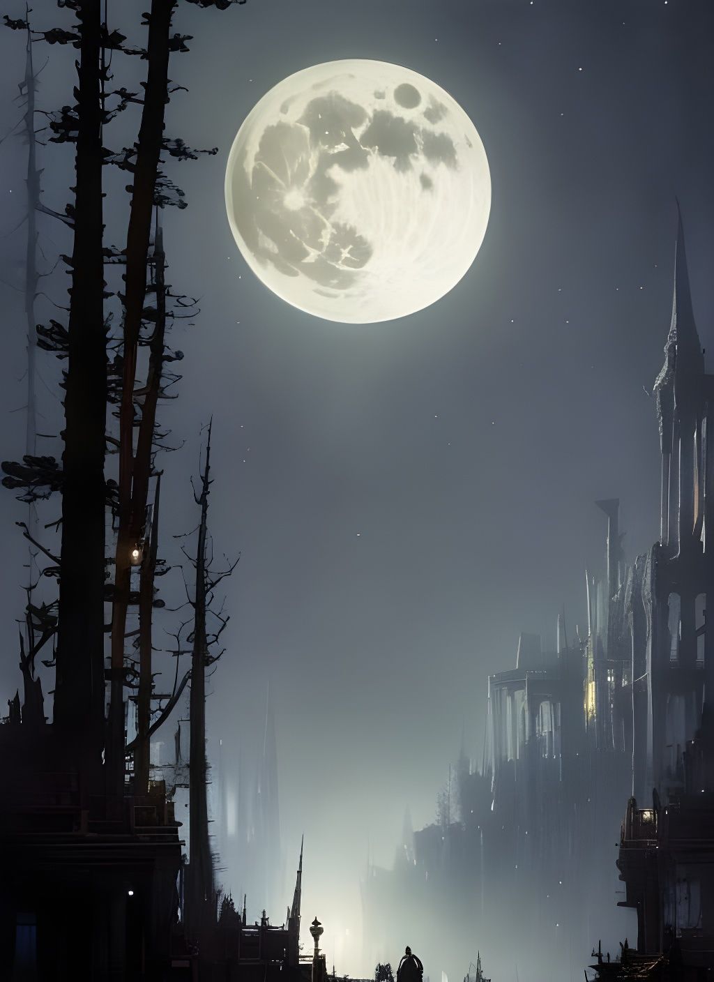 Dramatic Full Moon Night Sky Digital Painting