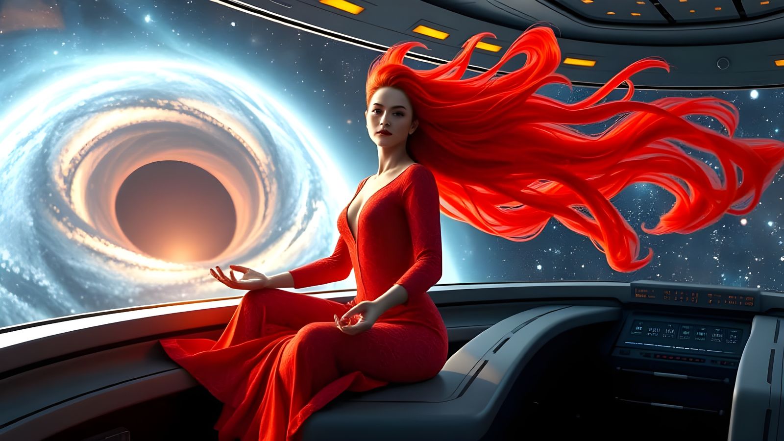 A Serene Astronautess in a Starship Amidst a Black Hole