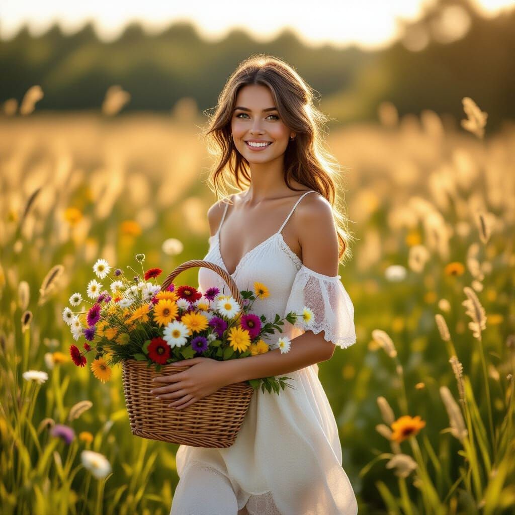 Woman in Flowing Dress Carries Flower Basket in Sunlit Field