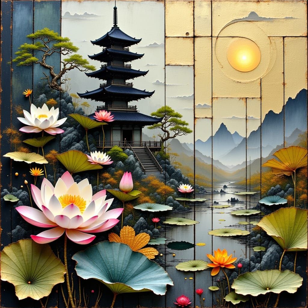 Pagoda Metal Collage with Koi Pond