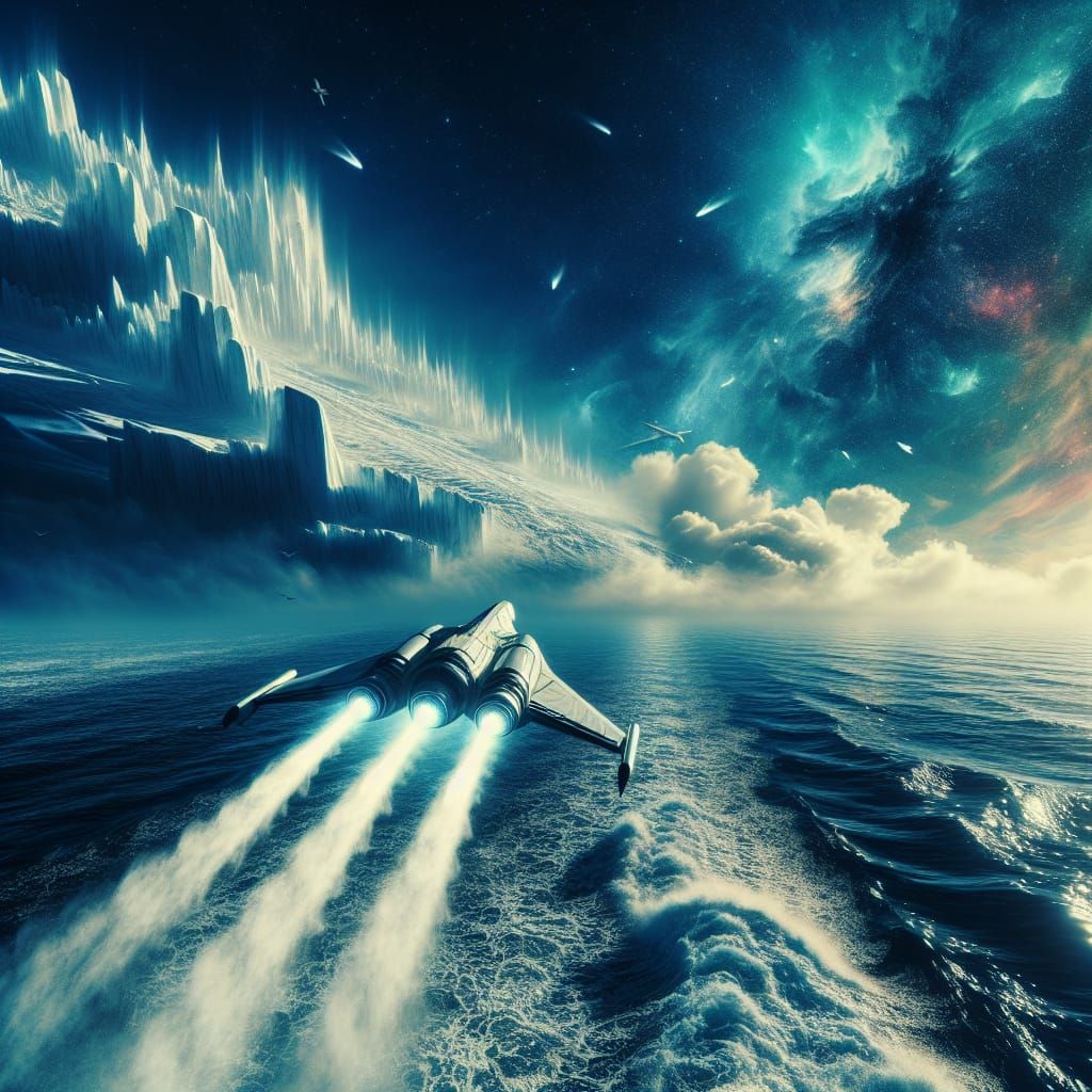 Spaceship Soaring Over Icy Ocean, Dystopian Fantasy