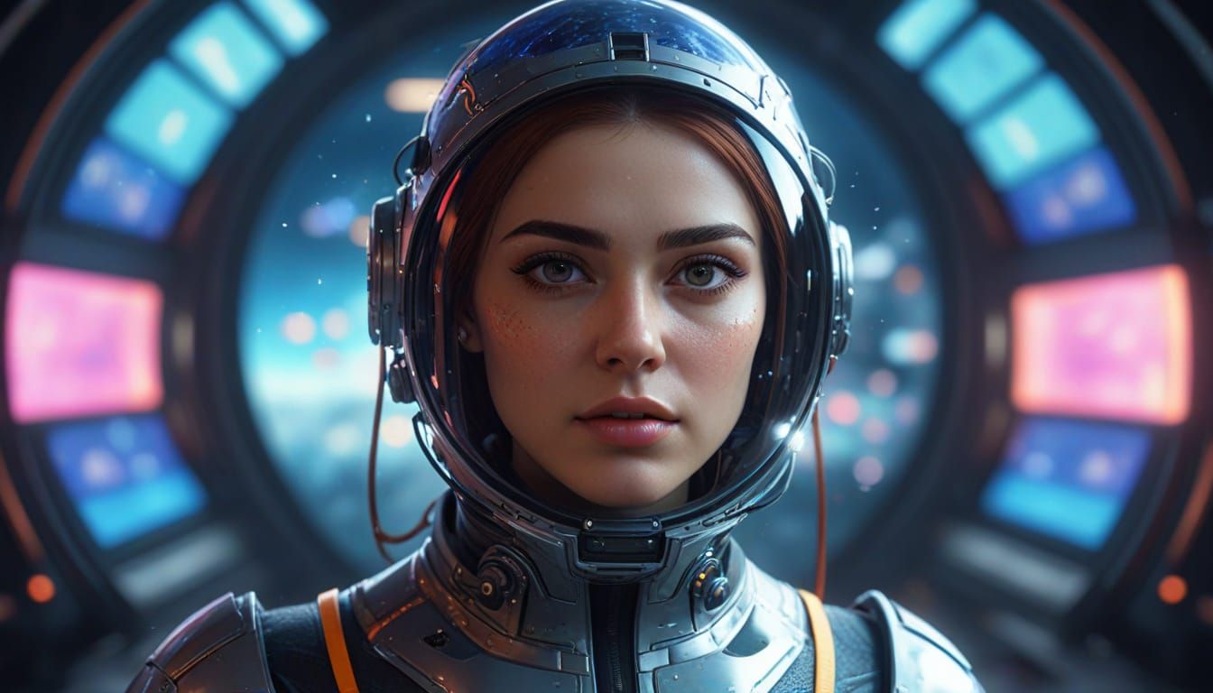 Scientist in Futuristic Lab with Nebula View