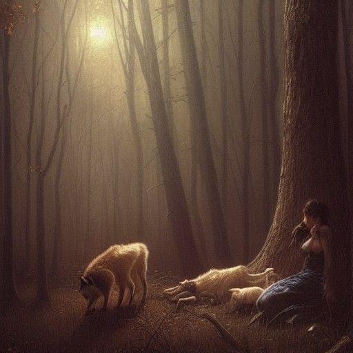 Misty Gates and the Nursing Wolf in Forest