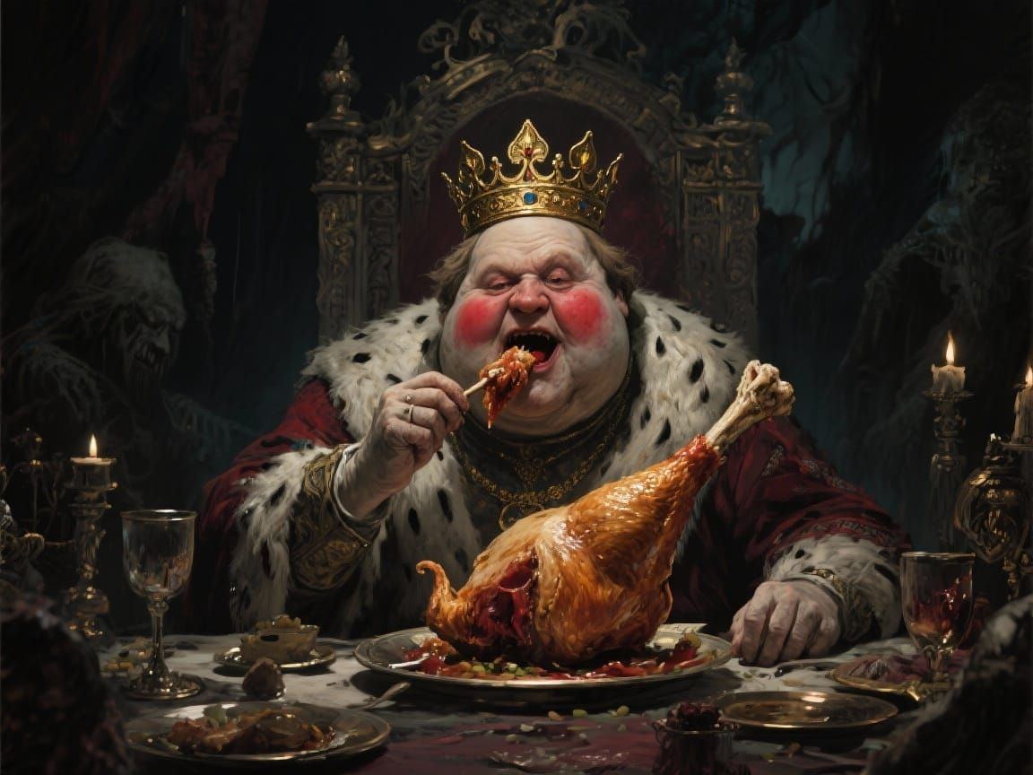 Obese King Feasts on Giant Chicken Leg in Sinister Banquet