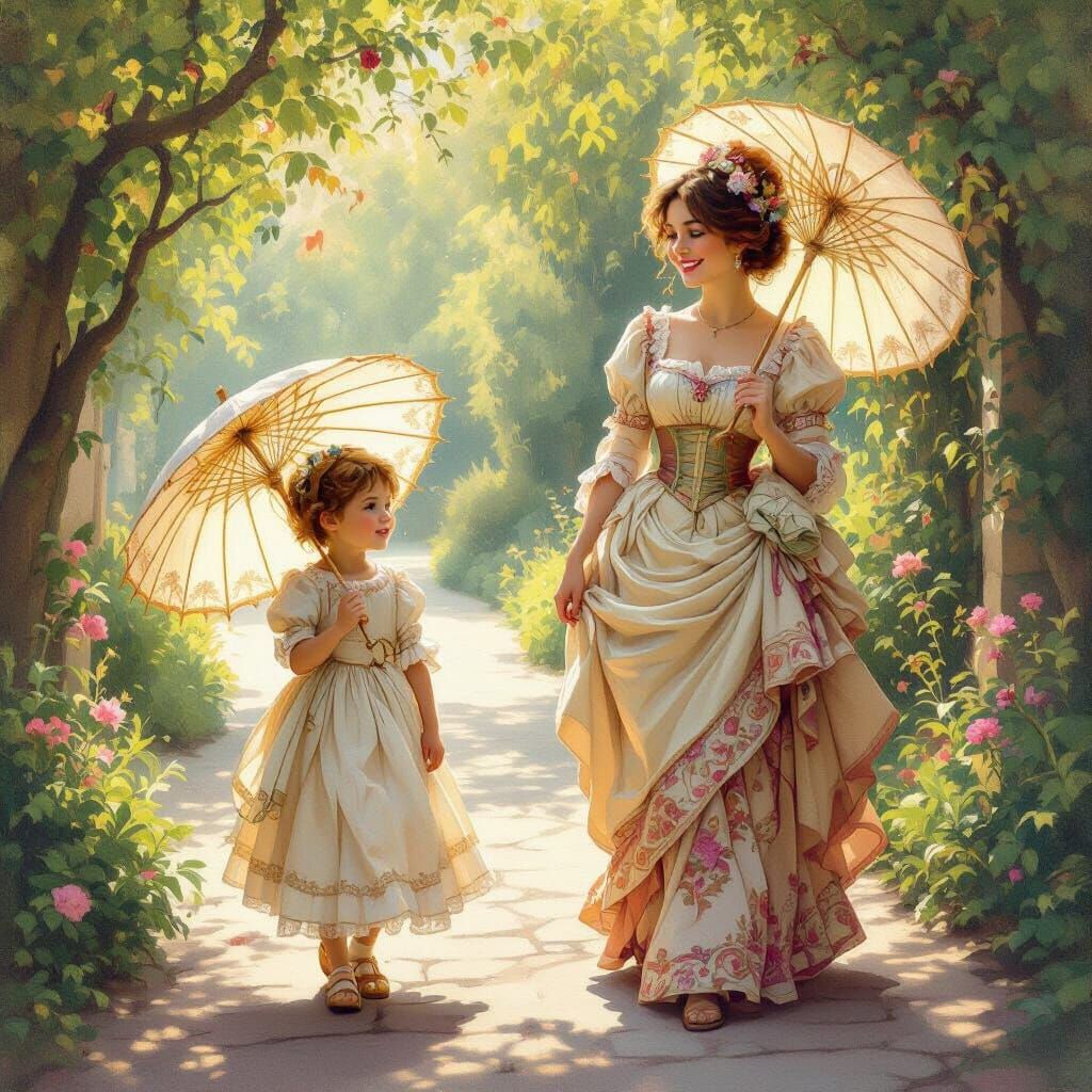 Boy in Ornate Dress with Mother in Garden