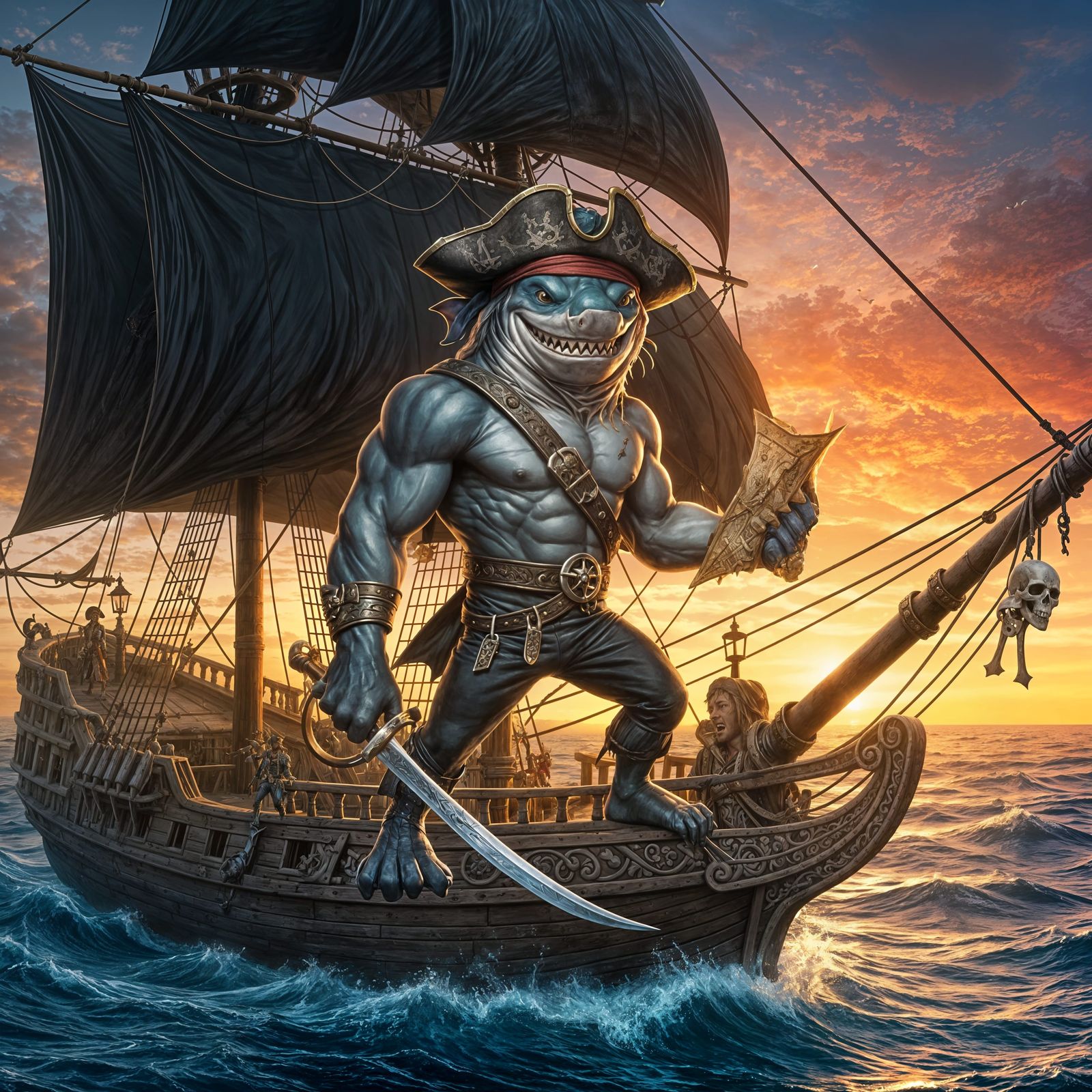 Happy Shark Pirate on Ship at Sunset