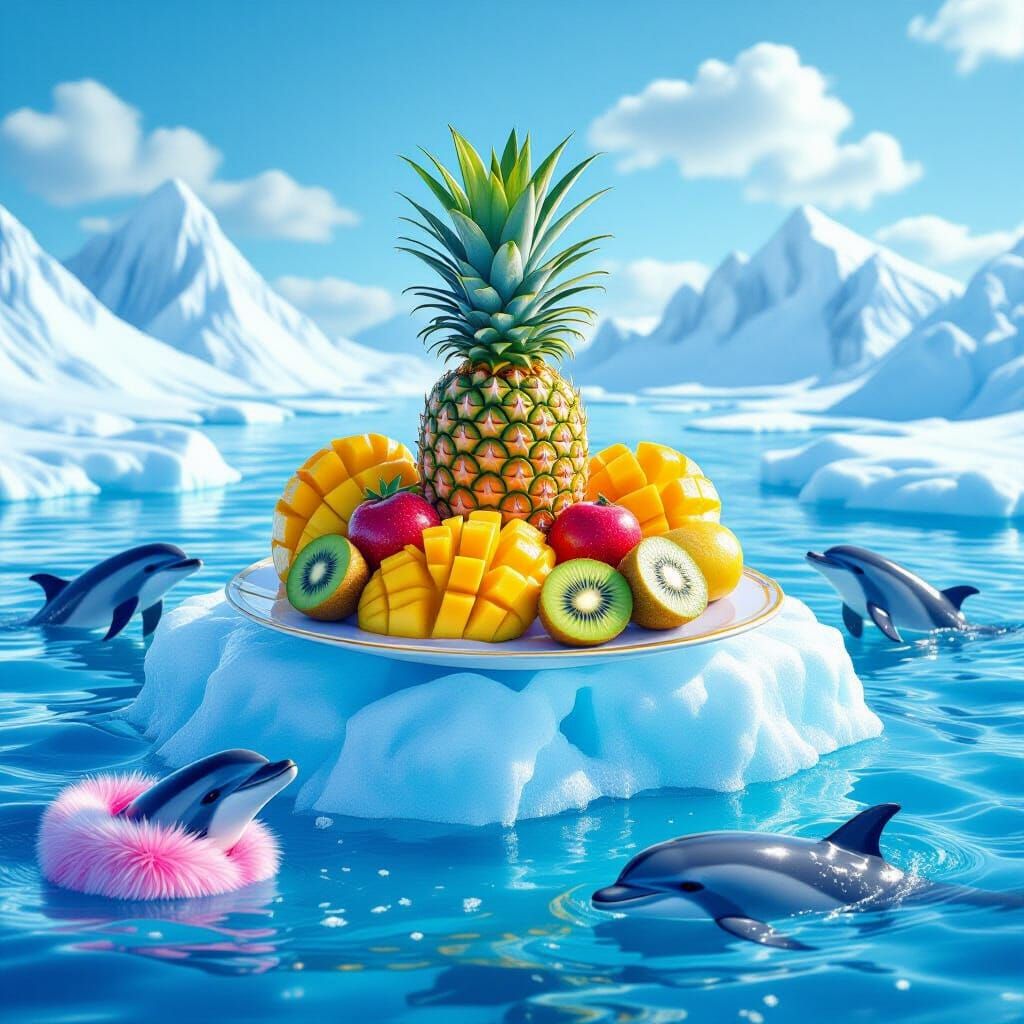 Tropical Fruits on Iceberg with Fur-Coated Dolphins