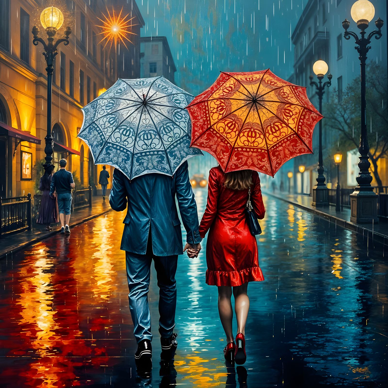 Romantic Nighttime Couple Walk in the Rain as Oil Painting