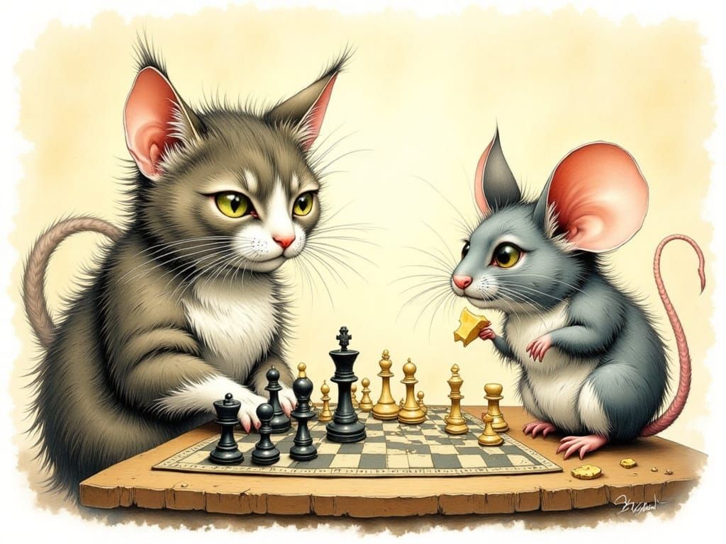 Cat and Mouse Chess Match: A Humorous Illustration
