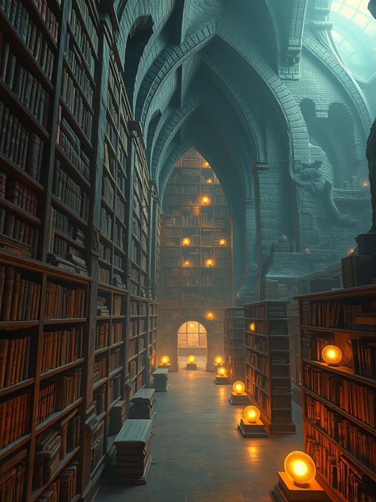Ethereal Library of Ancient Knowledge in Dreamlike Hues