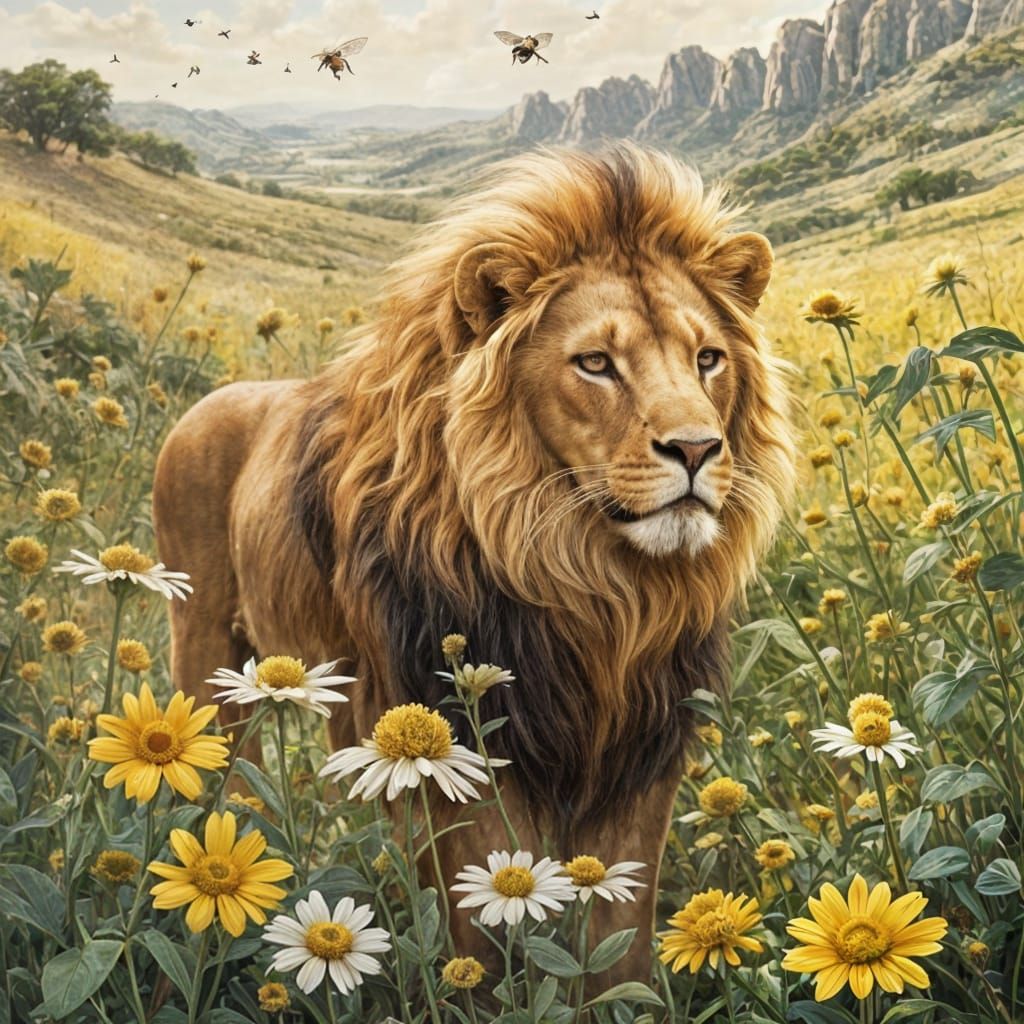 Regal Golden Lion in Serene Serengeti Landscape