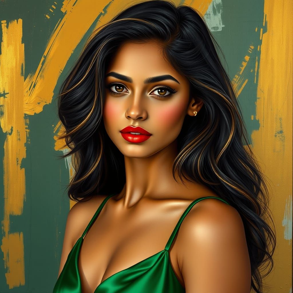 Realistic Portrait of Indian Woman in Green Dress