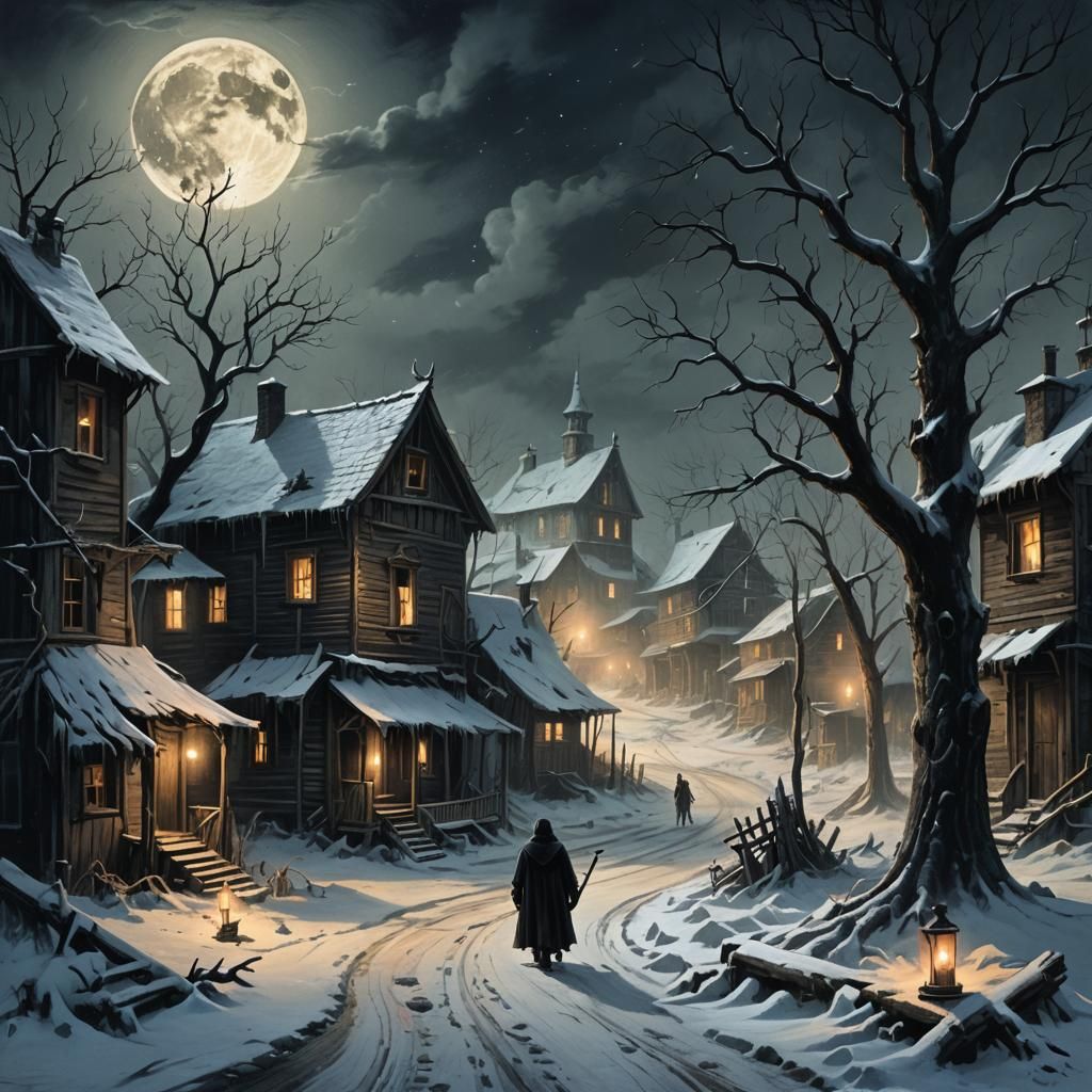 Eerie Wendigos in Abandoned Town, Dark Fantasy Illustration