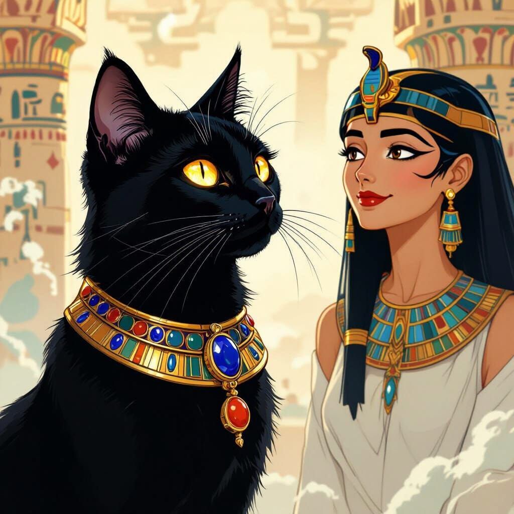 Egyptian Cat with Glowing Eyes Watched by Bast