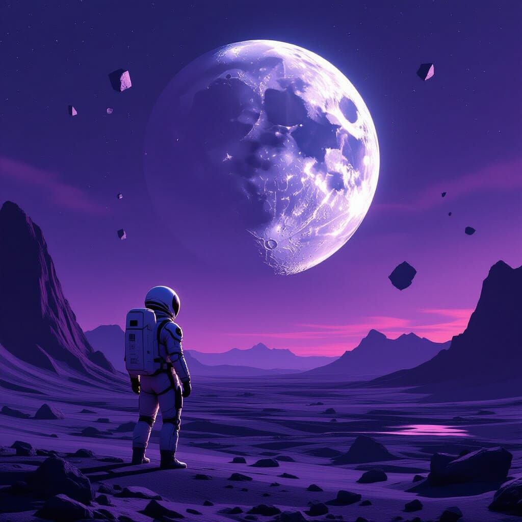 Astronaut Gazes at Shattered Moon on Alien World