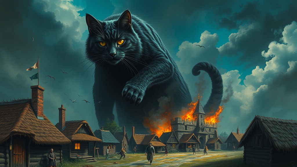 Giant Cat Destroys Village: Gothic Apocalyptic Digital Art