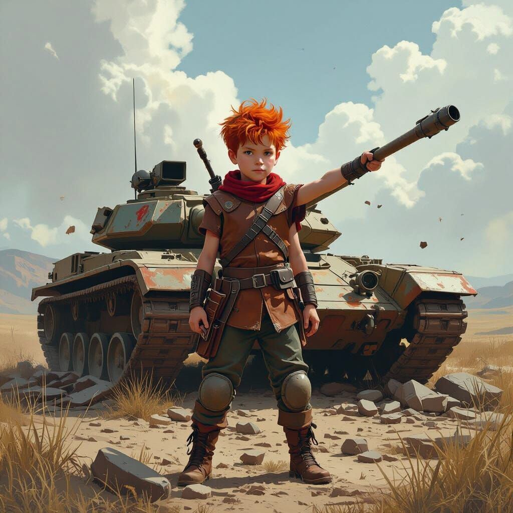 Boy Victorious Over Tank in Dystopian Landscape