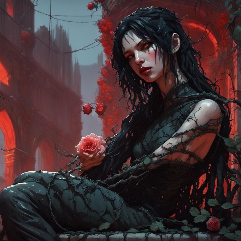 Crumbling Angel Statue Bleeding in Cyberpunk Courtyard