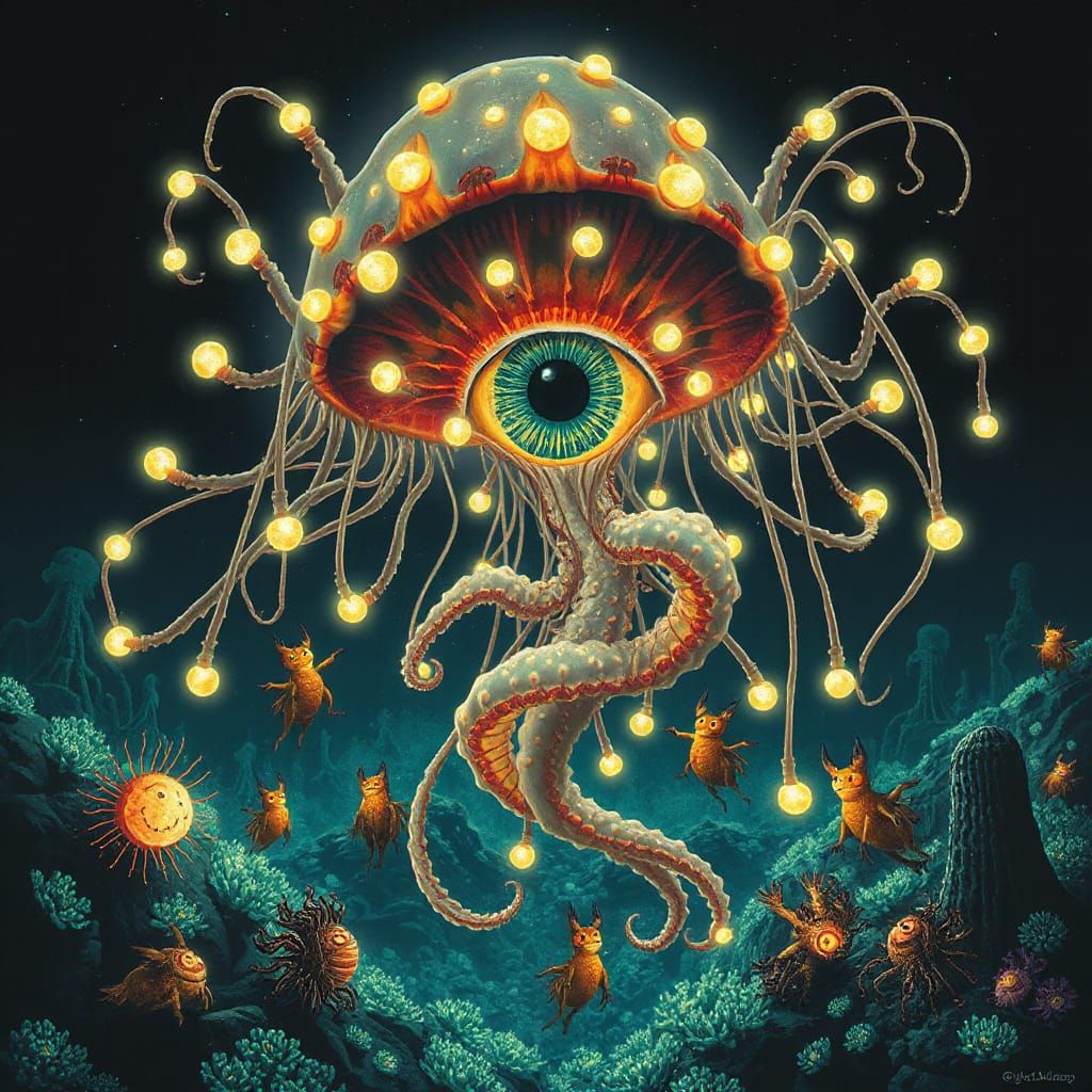 Bioluminescent Jellyfish Emerges From Giant Eye, Surreal Fan...