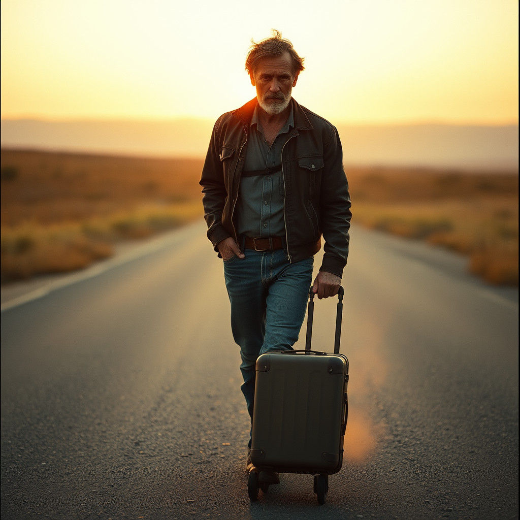 Lone Traveler on Country Road at Sunset