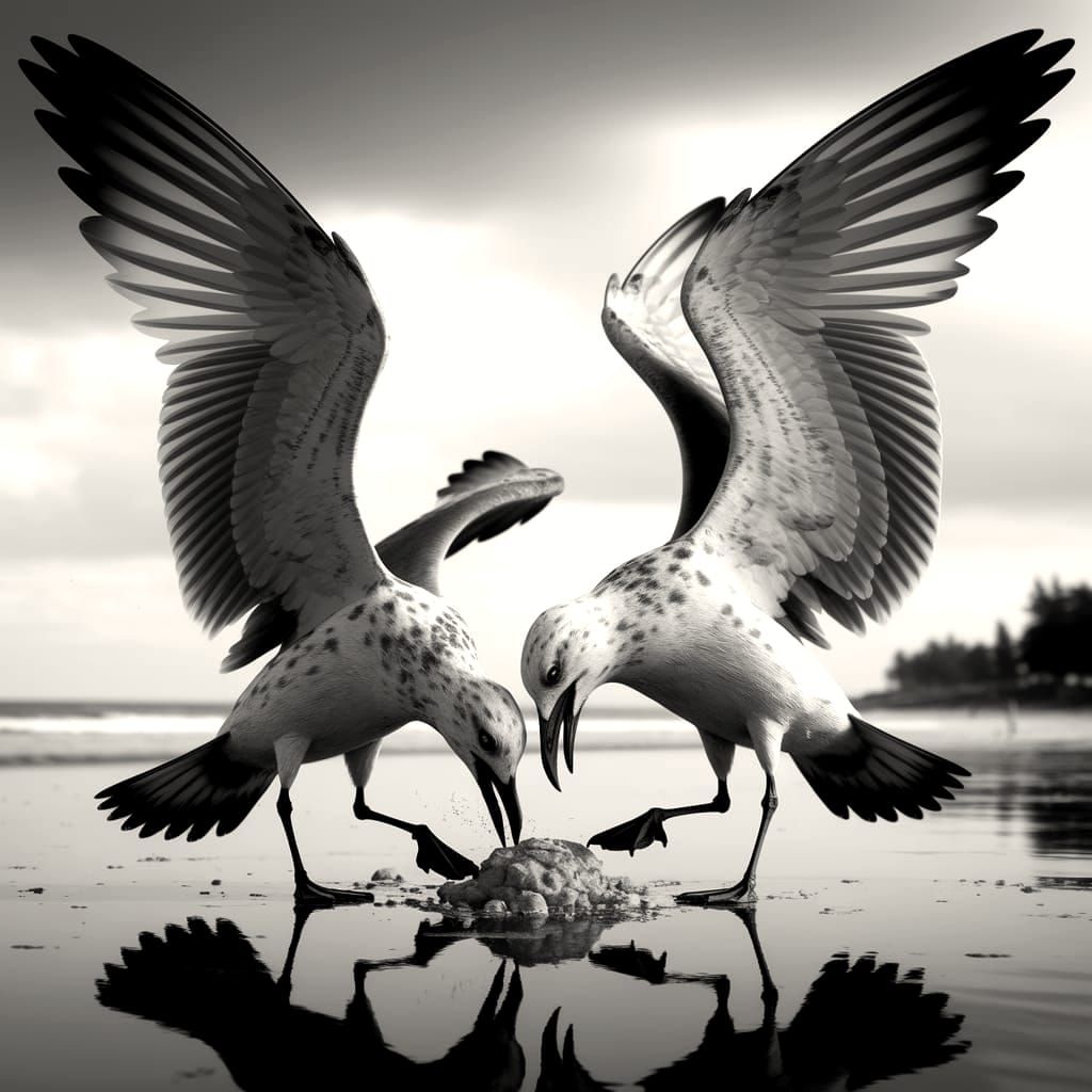 Monochrome Seagull Fight for Survival on Beach