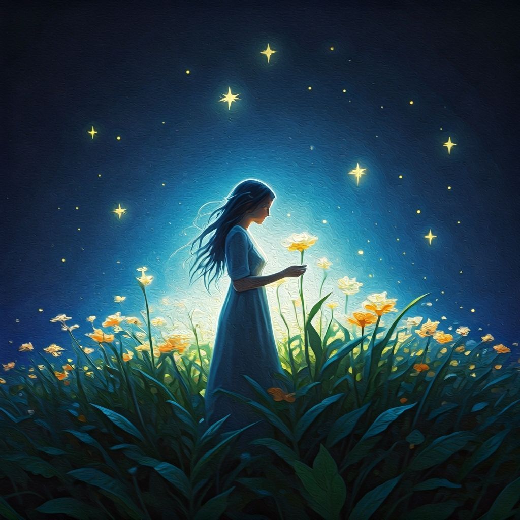 Woman Tending Celestial Garden Under Moonlight, Painterly St...