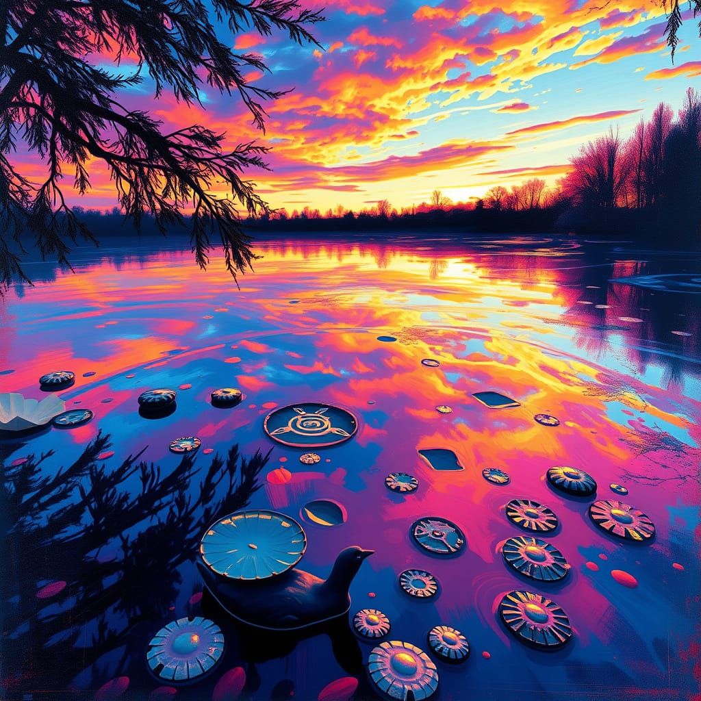 Vibrant Dawn Dusk Pond in Graffiti Street Art Style