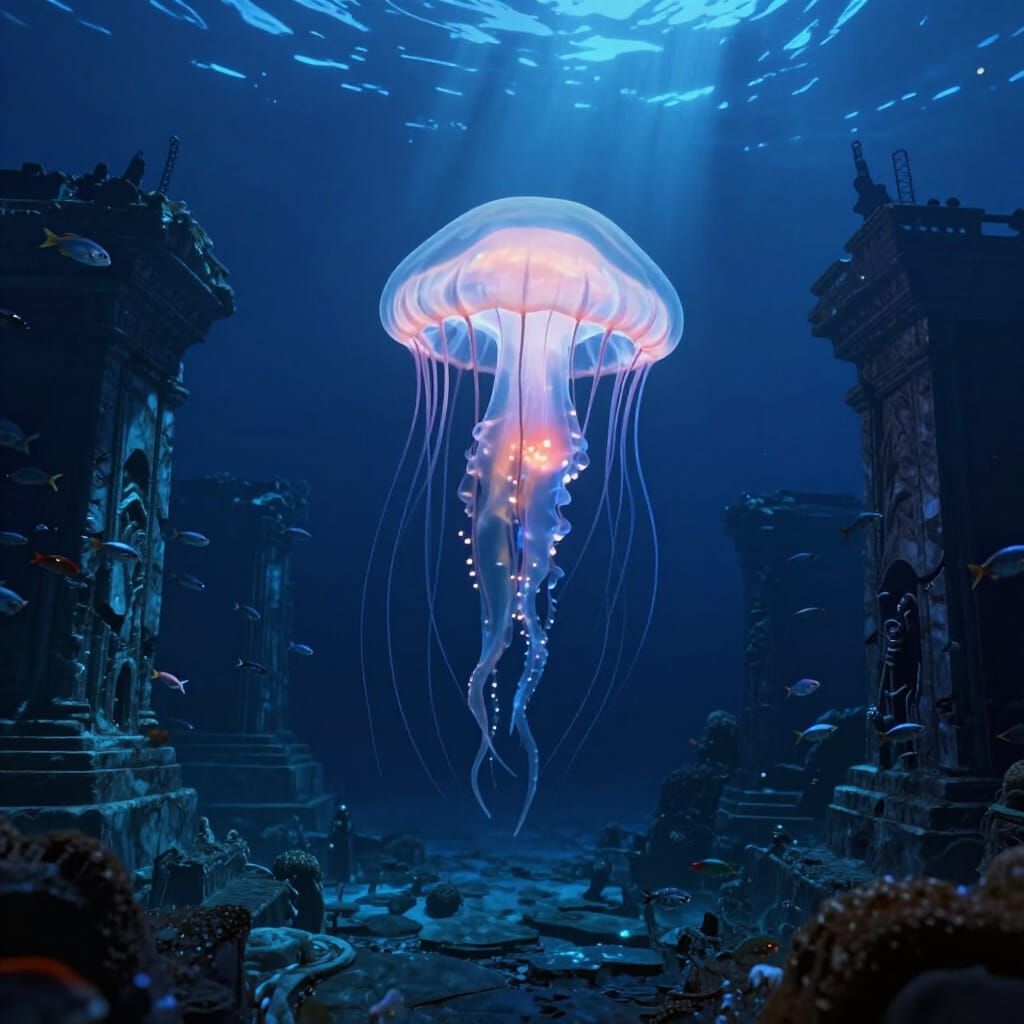 Bioluminescent Jellyfish in Sunken City Ruins