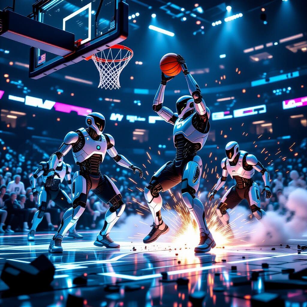 Cyberpunk Androids Play Basketball in Futuristic Arena
