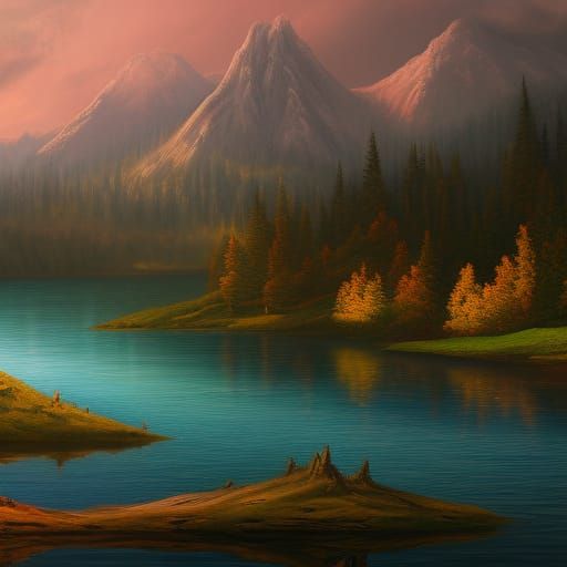 Lakeside Mountain Oil Painting in Fantasy Style