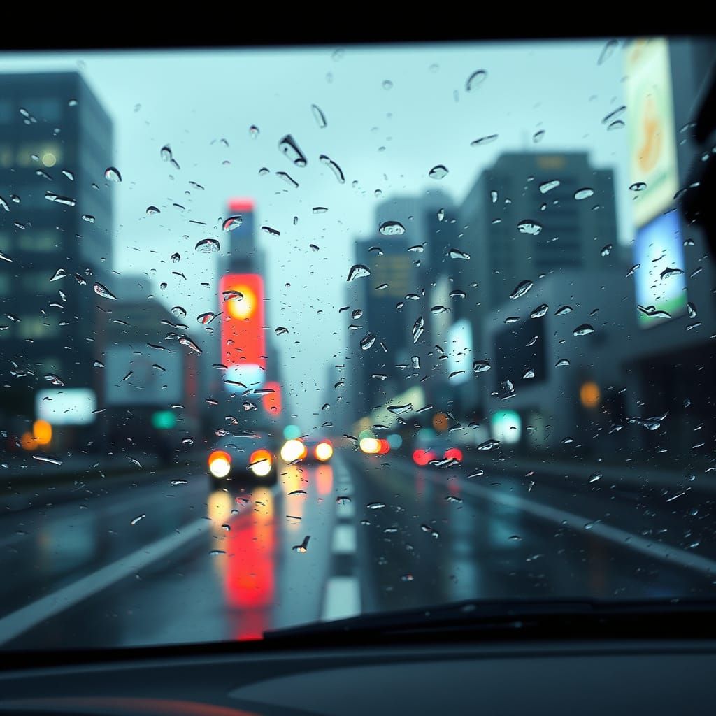 Cyberpunk Raindrops on Futuristic Windshield