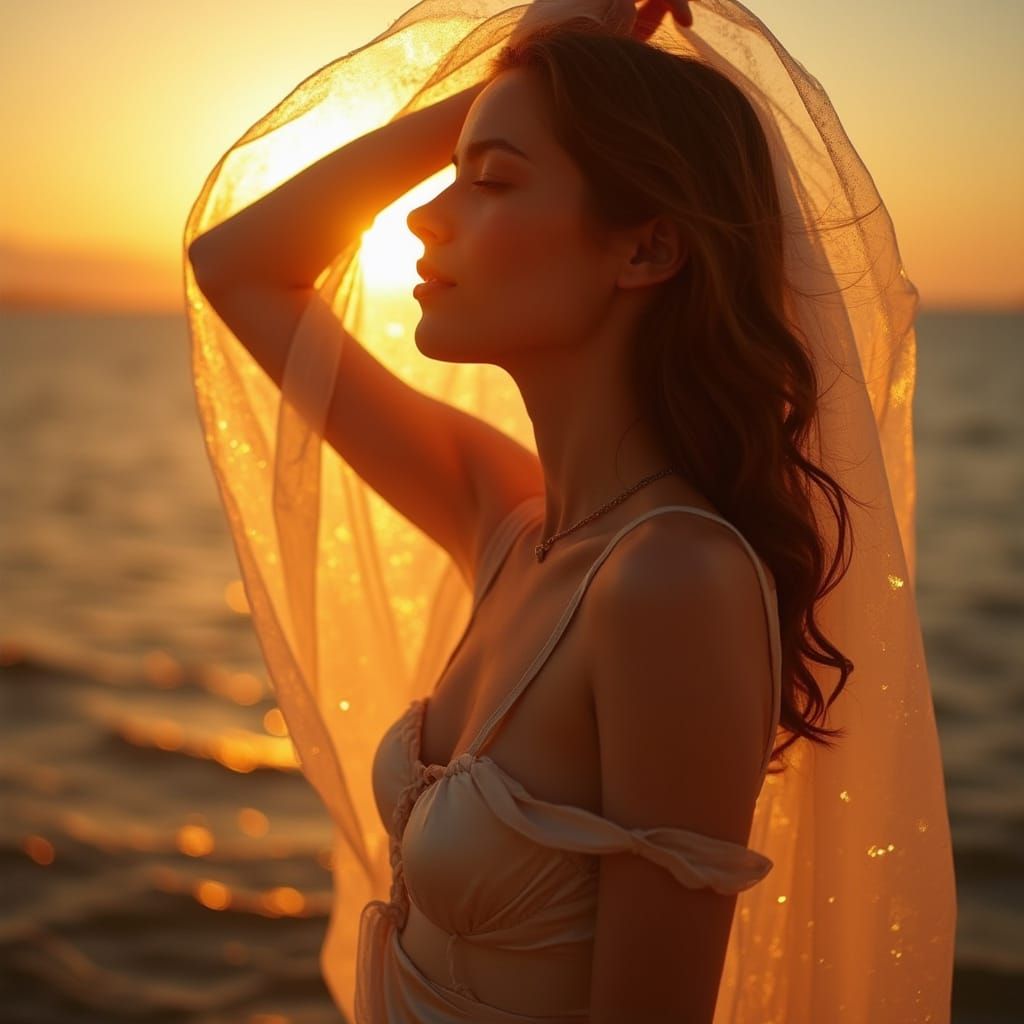 Elegant Woman in Silk Dress, Golden Hour Lighting