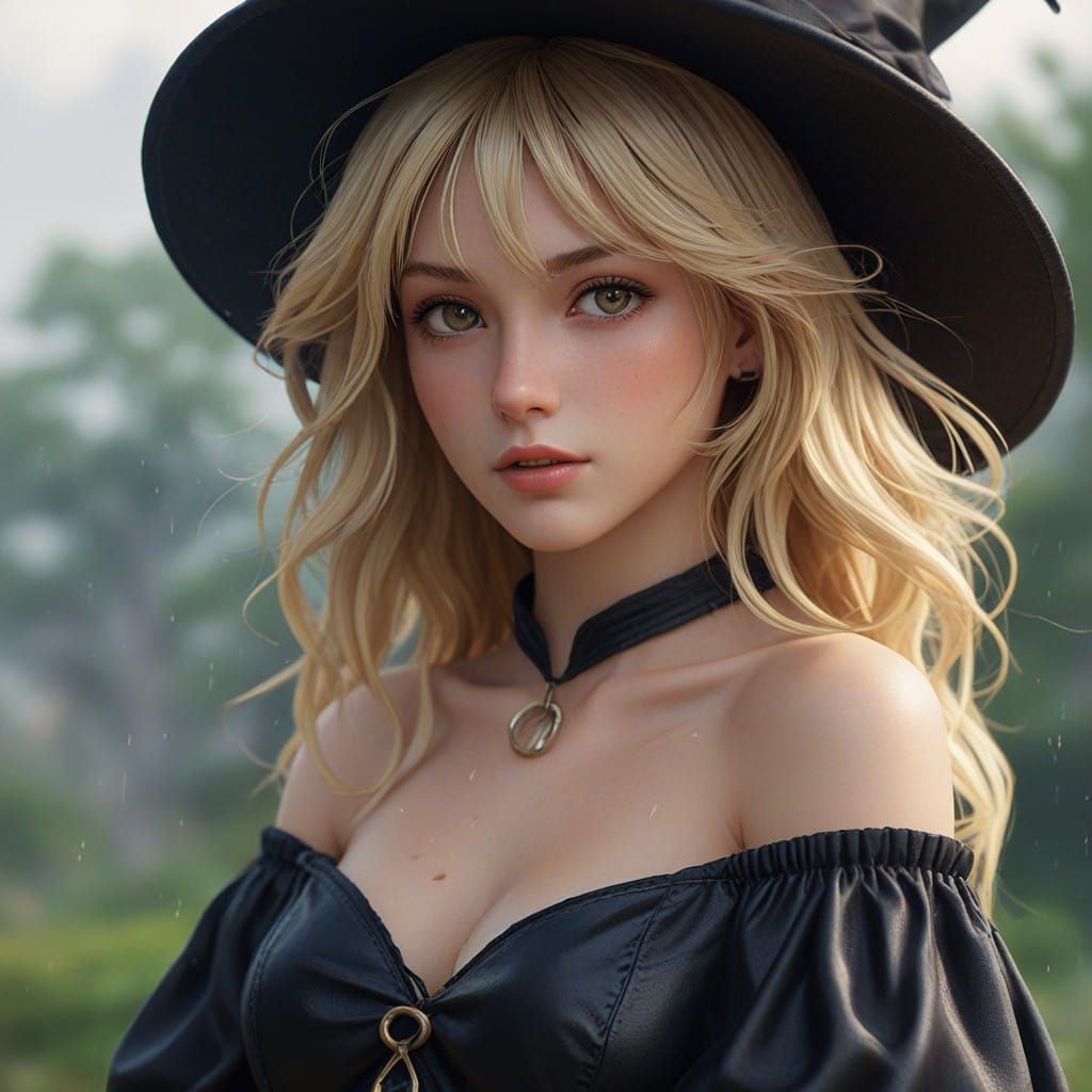 Serene Witch in Rainy Nightscape