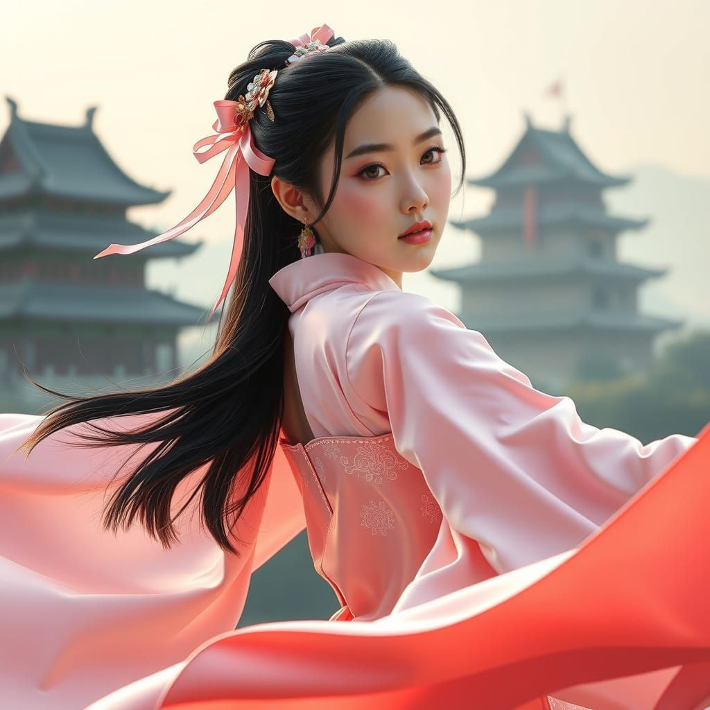 Elegant Princess in Pastel Pink Hanbok