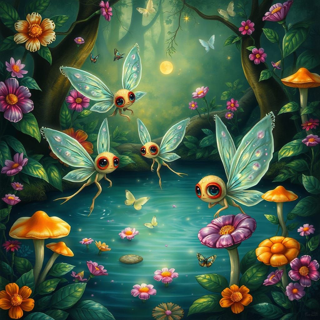 Whimsical Water Spirits in Lush, Emerald Forest