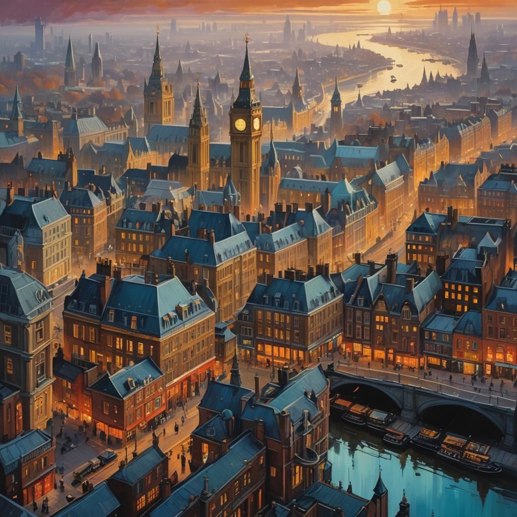 Mystical London Cityscape: Oil Painting in Baroque Style