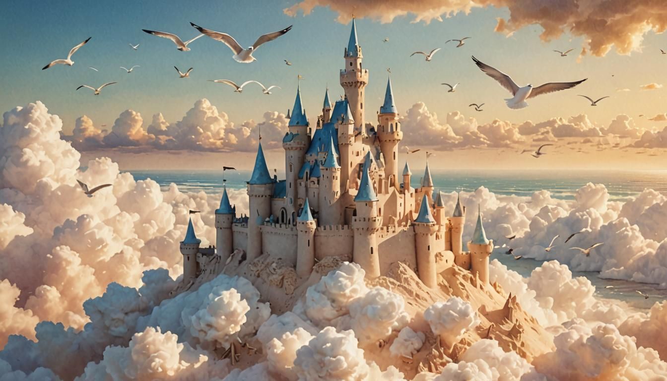 Sandcastle on Cloudscape in Whimsical Digital Art