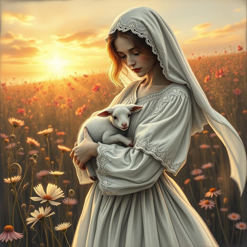 Shepherdess with Lamb in Flower Meadow Charcoal Drawing