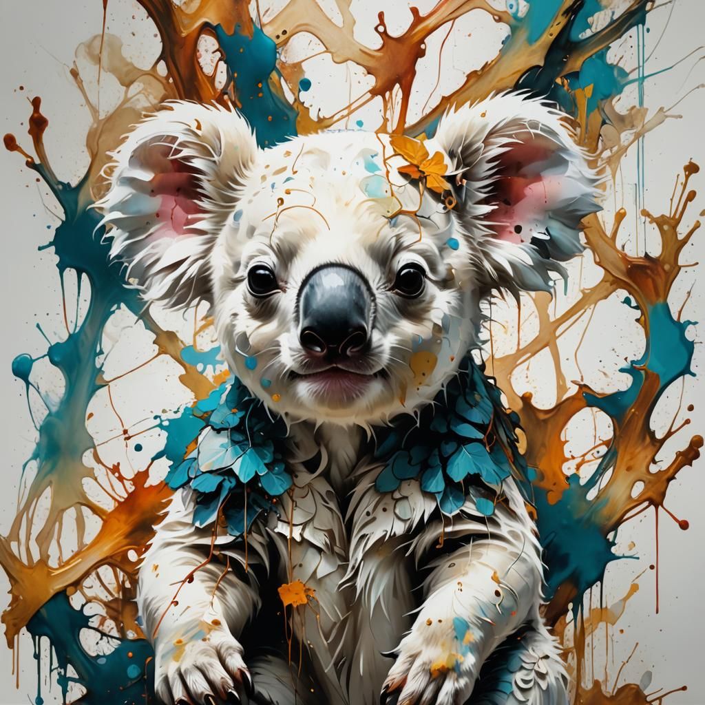 White Koala Portrait in Surreal Inkblot Oil Painting