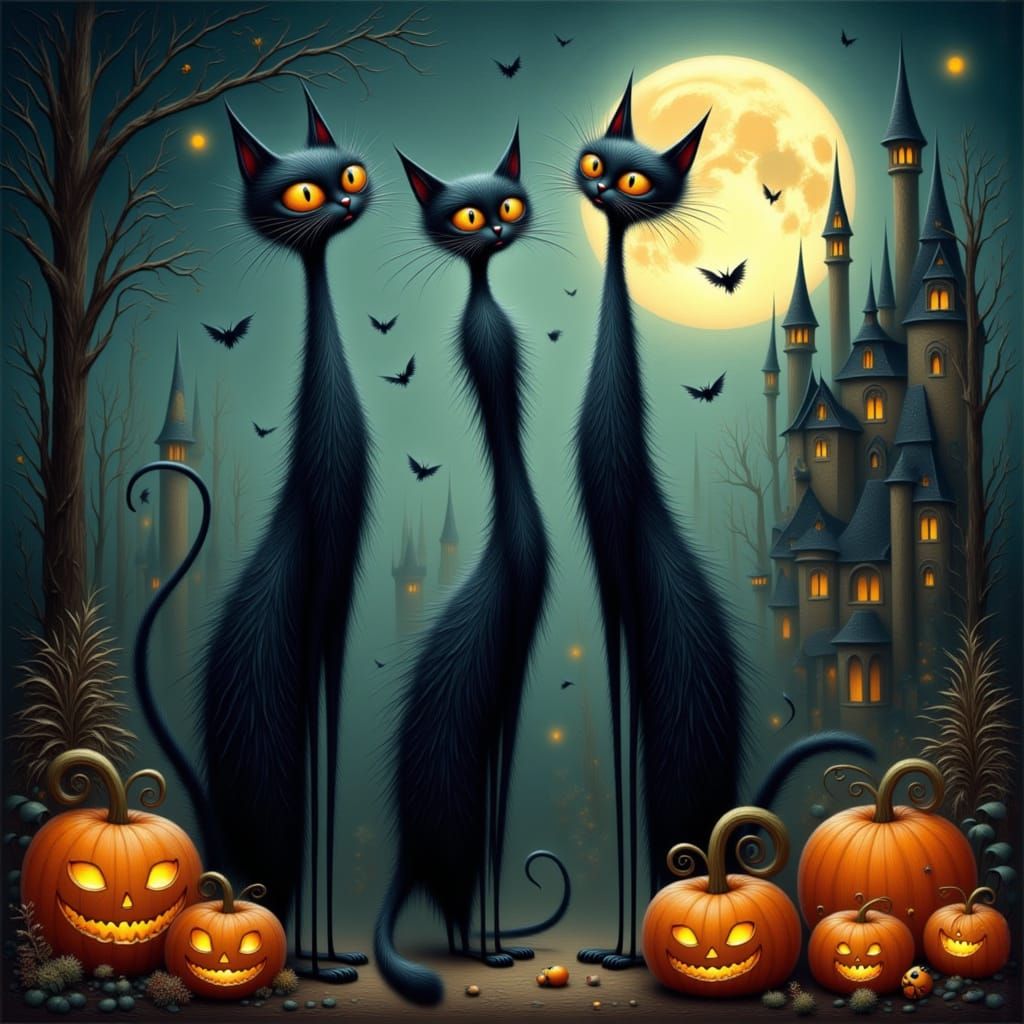 Spooky Castle Scene With Black Cats and Jack-o-Lanterns