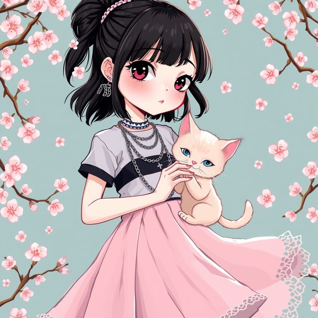 Gothic Cherry Blossom Girl with Kitten in Whimsical Cartoon ...
