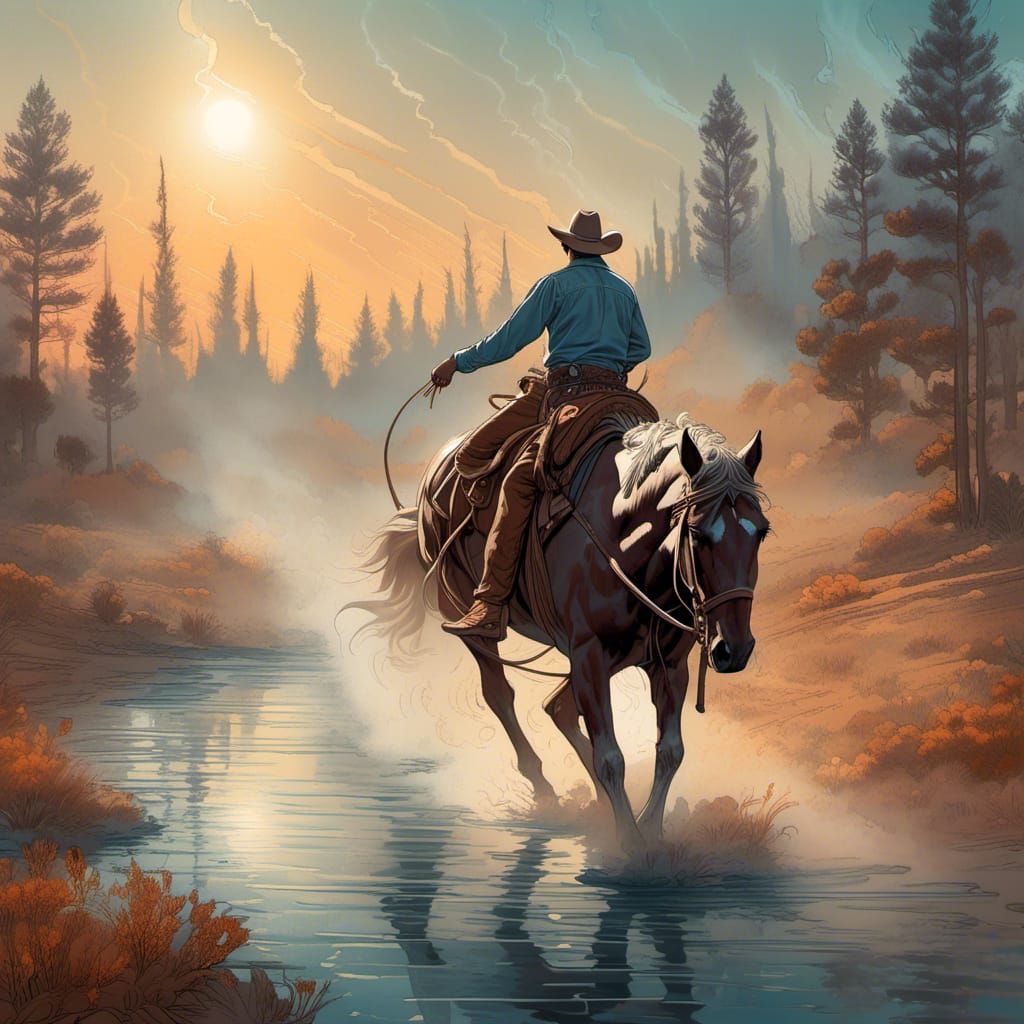Cowboy on Dusty Trail in Nebulous Line Art