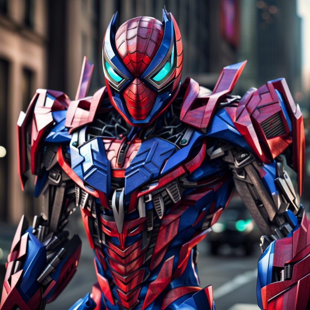 Spiderman as a Decepticon Transformer in the City